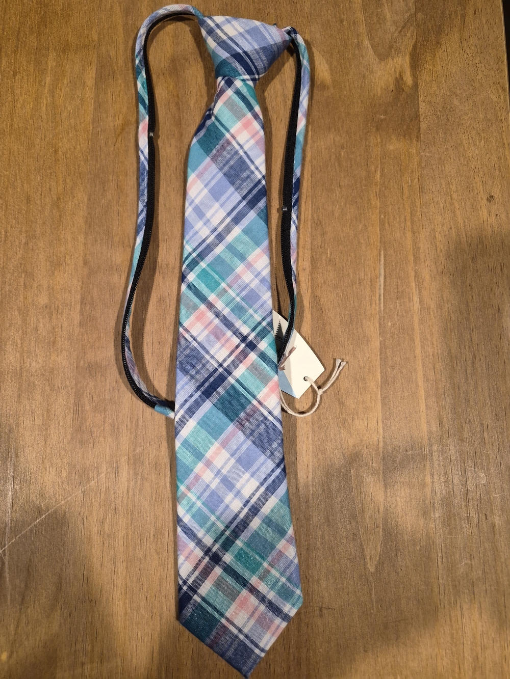Adjustable Kids Clip-On Plaid Tie in Blue, Teal & Pink